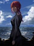  1girl black_dress blue_sky braid braided_ponytail chainsaw_man chromatic_aberration cliff cloud cloudy_sky dress highres kota_2kx looking_at_viewer looking_back makima_(chainsaw_man) medium_hair red_hair ringed_eyes shore sidelocks sky solo yellow_eyes 