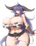  2b-ge animal_humanoid animal_print big_breasts big_butt bovid bovid_humanoid bovine bovine_humanoid breasts butt cattle_humanoid cleavage clothed clothing cow_print cowbell female green_eyes hair hi_res horn horned_humanoid huge_breasts huge_butt huge_thighs humanoid hyper hyper_breasts looking_at_viewer mammal mammal_humanoid navel purple_hair simple_background smile solo standing tail thick_thighs wide_hips 