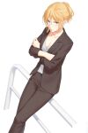  1girl against_railing belt black_jacket black_pants blonde_hair breasts chateau_dankworth cleavage dutch_angle feet_out_of_frame hair_up highres jacket koroshi_ai lapels miura-n315 notched_lapels pant_suit pants railing shirt small_breasts solo suit white_shirt 
