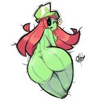  1:1 anthro big_breasts big_butt black_sclera blue_eyes breasts butt butt_focus cactus_humanoid chelo clothing curvaceous curvy_figure elemental_creature eyelashes female flora_fauna glistening glistening_body glistening_hair green_body hair hat headgear headwear hi_res huge_butt khat_(chelo) long_hair looking_at_viewer looking_back one_eye_closed open_mouth plant red_hair signature smile solo standing striped_body stripes thick_thighs thorns voluptuous white_body wide_hips wink 