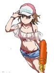  1girl absurdres alternate_costume baseball_cap bikini bracelet breasts closed_mouth collarbone commentary_request dated denim denim_shorts empty_eyes front-tie_bikini_top front-tie_top hair_between_eyes hand_on_headwear hat highres holding holding_water_gun jewelry looking_at_viewer misaka_imouto navel open_clothes open_shorts pearl_bracelet pink_headwear print_headwear red_bikini see-through shorts small_breasts smile solo swimsuit takatisakana toaru_kagaku_no_railgun toaru_majutsu_no_index water_gun white_background 
