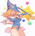  1girl bare_shoulders blonde_hair blue_footwear blue_headwear blush blush_stickers breasts choker cleavage dark_magician_girl duel_monster green_eyes hair_between_eyes hat hexagram highres holding holding_wand inkerton-kun large_breasts long_hair looking_at_viewer open_mouth pentacle pentagram smile solo staff star_(symbol) wand white_background wizard_hat yu-gi-oh! yu-gi-oh!_duel_monsters 