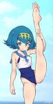  1girl barefoot blue_eyes blue_hair blue_sky blush feet fuckpix85809 highres initial lana_(pokemon) leg_up legs looking_at_viewer medium_hair one-piece_swimsuit open_mouth outdoors parted_lips pokemon pokemon_(game) pokemon_sm sky soles solo split standing standing_on_one_leg standing_split swimsuit toes watermark 