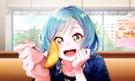  aqua_hair bang_dream! blue_jacket booth_seating bow braid food fork french_fries green_eyes hair_bow hand_on_own_face hikawa_hina holding holding_food holding_fork incoming_food jacket looking_at_viewer medium_hair open_mouth poster_(object) restaurant scene_outside_window smile toto_(sa-dosama) twin_braids window 