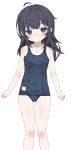  1girl absurdres ahoge bare_shoulders black_eyes black_hair blue_one-piece_swimsuit blush expressionless feet_out_of_frame highres knee_blush long_hair looking_at_viewer old_school_swimsuit one-piece_swimsuit ruriri school_swimsuit shiawasena_neet_no_sodatekata shizuku_(neet-chan) simple_background solo swimsuit tachi-e variant_set white_background 