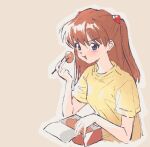  149mts 1girl :o blue_eyes blush breasts brown_hair cheek_bulge eating food highres holding holding_food interface_headset long_hair looking_at_viewer neon_genesis_evangelion open_mouth shirt simple_background solo souryuu_asuka_langley two_side_up yellow_shirt 