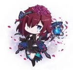  1girl absurdres bare_shoulders blue_eyes boots chibi commission fairy_wings falling_petals fire_emblem fire_emblem_heroes flower hair_flower hair_ornament hair_over_one_eye hair_vines highres komurice petals purple_flower purple_hair purple_rose rose skeb_commission triandra_(fire_emblem) wings 