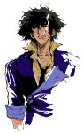  1boy absurdres black_hair black_necktie blue_jacket brown_eyes cigarette collared_shirt cowboy_bebop dirty dirty_face highres jacket looking_at_viewer male_focus mouth_hold my_nameisyoon necktie shirt simple_background sleeves_rolled_up smoking solo spike_spiegel upper_body white_background yellow_shirt 