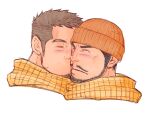  2boys bara beanie beard blush brown_hair closed_eyes couple cropped_shoulders facial_hair goatee hat highres kiss kissing_cheek long_sideburns male_focus mature_male multiple_boys muscular muscular_male mustache original scarf shared_clothes shared_scarf short_hair sideburns thick_eyebrows tommymilk white_background yaoi 