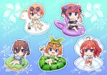  5girls :d ahoge animal_ear_headphones animal_ears bare_arms bare_shoulders barefoot bikini black_bikini black_sleeves blue_background blue_bikini blue_eyes brown_hair bubble_tea chibi clam closed_mouth commentary_request cup detached_sleeves double_bun drinking_straw eyewear_on_head fake_animal_ears gem go-toubun_no_hanayome gradient_background green-framed_eyewear green_bikini green_ribbon hair_between_eyes hair_bun hair_ribbon headphones holding holding_cup innertube multiple_girls nakano_ichika nakano_itsuki nakano_miku nakano_nino nakano_yotsuba navel orange_hair pearl_(gemstone) pink-tinted_eyewear pink_bikini pink_hair ponytail puffy_short_sleeves puffy_sleeves purple-framed_eyewear red_hair ribbon round_eyewear ryuuka_sane sample_watermark short_sleeves siblings sisters smile swimsuit tinted_eyewear transparent two_side_up watermark white_bikini yellow-framed_eyewear 