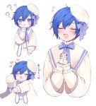  1boy ? ?? blue_bow blue_eyes blue_hair blue_nails bow food heart holding holding_food holding_ice_cream ice_cream kaito_(vocaloid) long_sleeves mogu_(wy5xrt7w) musical_note project_diva_(series) short_hair vocaloid white_headwear 