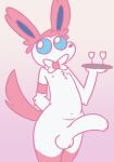  2022 anthro balls beverage blue_eyes container cup drinking_glass eeveelution foreskin fur generation_6_pokemon genitals glass glass_container glass_cup gradient_background looking_up male nintendo nipples penis pink_body pink_fur pokemon pokemon_(species) silly_imp simple_background solo sylveon tray white_body white_fur 