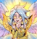  1girl :d angel armor backlighting bare_shoulders breastplate breasts colored_sclera detached_sleeves feathered_wings glowing glowing_eyes gold_armor grey_hair hand_on_own_chin kayle_(league_of_legends) league_of_legends medium_breasts medium_hair multiple_wings phantom_ix_row smile solo teeth tongue upper_teeth_only wings yellow_eyes yellow_sclera 