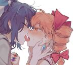  2girls blue_hair blush brown_hair closed_eyes drill_hair earrings french_kiss hair_ribbon incest jewelry kiss multiple_girls re_ghotion ribbon ring siblings sisters sweat tongue touhou yellow_eyes yorigami_jo&#039;on yorigami_shion yuri 