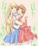  2girls asymmetrical_docking blonde_hair blue_dress blue_eyes blunt_bangs bow breast_press dress gundam head_tilt highres hug kihel_heim long_hair looking_at_viewer multiple_girls one_eye_closed parted_lips pink_bow pink_dress shirt short_hair siblings sidelocks sisters smile sochie_heim tamakoshi_horiyuki thighhighs turn_a_gundam very_long_hair white_shirt white_thighhighs zettai_ryouiki 