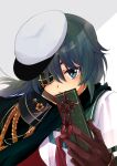  1girl black_hair blue_eyes box brown_gloves eyepatch gift gift_box gloves hair_between_eyes hat kajii_supana kantai_collection kiso_(kancolle) kiso_kai_ni_(kancolle) looking_at_viewer neckerchief red_neckerchief sailor_collar school_uniform serafuku simple_background solo tassel upper_body 