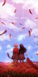  2girls black_hair blonde_hair blue_dress blue_sky bob_cut chromatic_aberration cloud commentary_request copyright_name dress falling_petals field floating_hair flower flower_field from_behind grey_dress hair_ribbon highres holding_hands inoue_takina long_sleeves lycoris_recoil lycoris_uniform motion_blur multiple_girls nishikigi_chisato nndm_ak one_side_up outdoors partial_commentary petals pleated_dress red_dress red_ribbon ribbon short_hair sky spider_lily standing two-tone_dress yuri 