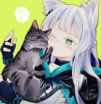  1girl absurdres animal animal_ears arknights blue_gloves blush cat cat_ears cat_girl closed_mouth commentary earpiece fingerless_gloves flying_sweatdrops gloves green_background green_eyes grey_cat highres holding holding_animal holding_cat one_eye_closed rosmontis_(arknights) sakake_asobi simple_background speech_bubble spoken_flying_sweatdrops upper_body 