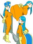  1girl absurdres ass bent_over blue_hair blue_tabard bodysuit boots breasts closed_mouth dragon_quest dragon_quest_iii gloves hat high_heel_boots high_heels highres large_breasts long_hair looking_back mitre multiple_views orange_bodysuit priest_(dq3) red_eyes simple_background tabard toshinoshin white_background yellow_footwear yellow_gloves 