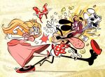  accessory blonde_hair bone bow_ribbon clothed clothing disney duo female hair hair_accessory hair_bow hair_ribbon human kick mammal mario_bros minnie_mouse money mouse murid murine nintendo princess_peach ribbons rodent skull themrock 