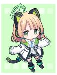  1girl animal_ear_headphones animal_ears black_footwear black_shorts black_thighhighs blonde_hair blue_archive blue_bow blue_necktie boots bow chibi collared_shirt commentary_request dress_shirt fake_animal_ears full_body green_background green_eyes hair_bow halo headphones highres hood hood_down hooded_jacket jacket kadose_ara long_sleeves midori_(blue_archive) necktie open_clothes open_jacket shirt short_shorts shorts sidelocks simple_background sleeves_past_fingers sleeves_past_wrists solo tail tail_bow tail_ornament thighhighs thighhighs_under_boots white_jacket white_shirt 