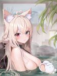  1girl absurdres ahoge animal_ear_fluff animal_ears blonde_hair breasts cat_ears grey_eyes hair_ornament heart heart_ahoge heterochromia highres large_breasts lee_jooin long_hair looking_at_viewer mole mole_on_breast mouse multicolored_hair nude onsen partially_submerged red_eyes s_bokdong streaked_hair towel towel_on_head v-lup virtual_youtuber white_hair 