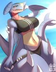  anthro big_breasts blue_body bra breasts clothing cloud day female fin garchomp generation_4_pokemon hand_behind_head hi_res nintendo outside pokemon pokemon_(species) scalie sk3tchk4t sky solo spikes sports_bra tail tail_fin thick_thighs thong underwear wide_hips 
