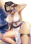  1girl arm_up armpits bare_shoulders black_hair black_nails blue_choker blue_eyes blueorca bracelet breasts choker clothing_cutout dark-skinned_female dark_skin dress earrings egyptian egyptian_clothes elf hair_over_shoulder hand_in_own_hair hand_rest highres jewelry large_breasts long_hair looking_at_viewer mole mole_on_breast nail_polish navel navel_cutout necklace original parted_lips pelvic_curtain pointy_ears ring sideboob sitting sleeveless sleeveless_dress solo thighlet thighs white_dress 