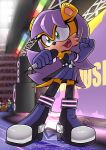  1girl clenched_hands darknoiseuk dress gloves green_eyes holding holding_microphone long_hair microphone mina_mongoose open_mouth purple_gloves purple_hair short_dress sonic_(series) stage teeth upper_teeth_only 