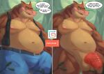  2020 activision anthro balls barazoku belly belt bottomwear canid canine canis clothed clothing crash_bandicoot_(series) crocodile crocodilian crocodylid dialogue digital_media_(artwork) dingo dingodile english_text fenrirwolfen genitals gumroad half-erect hybrid male mammal moobs multiple_images musclegut nipples nude open_clothing open_topwear outside overweight overweight_anthro overweight_male patreon penis reptile scalie solo swamp text topwear vein veiny_penis 