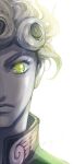  1boy blonde_hair curly_hair earrings giorno_giovanna glowing glowing_eye green_eyes jewelry jojo_no_kimyou_na_bouken merumeru626 muted_color out_of_frame solo vento_aureo wing_ornament 