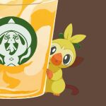  animal_focus black_eyes bright_pupils brown_background cup grookey hatterene logo_parody mi_ho_chi monkey no_humans nostrils open_mouth peeking_out pokemon pokemon_(creature) simple_background solo white_pupils 