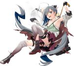  1girl ahoge bow bowtie fujikawa full_body grey_eyes grey_hair hair_between_eyes hair_ribbon kantai_collection kiyoshimo_(kancolle) kiyoshimo_kai_ni_(kancolle) legs long_hair long_sleeves looking_at_viewer low_twintails official_art one_eye_closed open_mouth ribbon school_uniform solo torn_clothes transparent_background twintails very_long_hair 