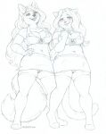  2018 absolute_territory anthro big_breasts biped black_and_white black_nose bottomwear breasts canid canine claws cleavage clothed clothing collar crop_top domestic_cat duo eyebrows felid feline felis female fox front_view genitals hair hand_on_own_hip hi_res legwear long_hair looking_at_viewer malachyte mammal midriff miniskirt monochrome navel no_underwear open_mouth open_smile partially_clothed pencil_skirt pussy shirt simple_background sketch skirt smile standing stockings teeth thigh_highs tied_shirt tight_clothing topwear upskirt white_background 