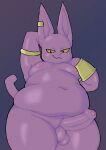 absurd_res anthro balls belly champa digital_media_(artwork) domestic_cat dragon_ball dragon_ball_super erection felid feline felis foreskin genitals hairless hairless_cat hi_res low-angle_view male mammal moobs navel nipples nude overweight overweight_anthro overweight_male penis purple_body ratsymposium simple_background slightly_chubby smile solo 