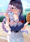  1girl ball baseball baseball_cap baseball_jersey baseball_mitt baseball_stadium baseball_uniform belt black-framed_eyewear black_belt blue_headwear blue_shirt blue_sky blurry blurry_background blush braid braided_ponytail breasts chihiro_(khorosho) cleavage clothes_writing commentary_request cowboy_shot day eyelashes fingernails glasses hair_over_one_eye hair_ribbon hat large_breasts looking_at_viewer low_ponytail nail_polish object_on_breast original pants pink_nails purple_eyes purple_hair ribbon semi-rimless_eyewear shirt short_sleeves sky solo sportswear standing sunlight sweatdrop under-rim_eyewear white_pants white_ribbon 