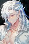  1boy :| alternate_costume blue_eyeliner closed_mouth crying crying_with_eyes_open english_commentary genshin_impact highres male_focus mayu_mey multicolored_hair neuvillette_(genshin_impact) open_clothes open_shirt pectorals shirt solo streaked_hair tears upper_body white_hair white_shirt 