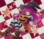  1girl black_choker black_gloves blue_eyes brown_footwear choker food gloves halloween hat highres holding holding_food holding_pumpkin holding_vegetable kirishima_romin long_hair looking_at_viewer miyuki_tsukiyono off_shoulder pumpkin purple_hair red_skirt skirt smile solo star_(symbol) striped striped_thighhighs thighhighs tongue tongue_out vegetable witch_hat yu-gi-oh! yu-gi-oh!_sevens 