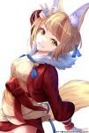  1girl absurdres animal_ear_fluff animal_ears artist_name blonde_hair brown_hair fingerless_gloves fire_emblem fire_emblem_fates fox_ears fox_tail gloves grin highres japanese_clothes looking_at_viewer multicolored_hair ryo-suzuki selkie_(fire_emblem) smile solo streaked_hair tail teeth white_background white_gloves 