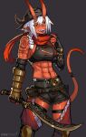  1girl abs absurdres bandana belt black_sclera bracelet colored_sclera colored_skin demon demon_girl demon_horns demon_tail earrings ezzyecchi gauntlets highres horns jewelry looking_at_viewer muscular muscular_female orange_eyes original pointy_ears pouch red_skin sharp_teeth short_hair shorts solo sword tail tank_top teeth tiefling toned tongue tongue_out weapon white_hair 