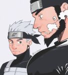  2boys bara beard black_hair black_shirt bursting_pectorals cigarette closed_mouth facial_hair forehead_protector from_side grey_background grey_hair hatake_kakashi highres katto8452 large_pectorals looking_at_another looking_at_pectorals male_focus meme multiple_boys muscle_envy muscular muscular_male naruto naruto_(series) ninja pectoral_envy_(meme) pectoral_focus pectorals sarutobi_asuma scar scar_on_face scar_on_nose shirt short_hair simple_background smoking twitter_username 