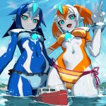  2girls :d bikini blue_eyes blue_hair bodysuit breasts colored_skin fang frown giant giantess looking_at_viewer medium_breasts multicolored_hair multiple_girls navel nikunopengin ocean orange_hair original partially_submerged ship short_twintails side-tie_bikini_bottom skin_tight small_breasts smile swimsuit tokusatsu twintails two-tone_hair v water watercraft wet white_hair white_skin 