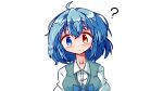  1girl ? ahoge blue_eyes blue_hair blush breasts closed_mouth collarbone commentary heterochromia highres kasuya_baian long_sleeves looking_at_viewer red_eyes short_hair solo symbol-only_commentary tatara_kogasa touhou upper_body 