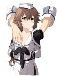  1boy 1girl black_gloves blue_bow blush bow brown_hair eiyuu_densetsu flat_chest gloves green_eyes hair_bow hakuleg hat holding holding_clothes holding_gloves jacket nipples no_bra sen_no_kiseki sen_no_kiseki_iii sen_no_kiseki_iv simple_background smile touching_another&#039;s_chest towa_herschel white_background white_headwear white_jacket 