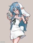  1girl absurdres ahoge alcohol animal_ears bandages beer black_choker black_ribbon blood blood_stain blue_hair brand_name_imitation can choker dress eyeodin frilled_dress frills hair_ornament hairclip highres holding holding_can indie_virtual_youtuber jitome light_blue_hair long_hair lop_rabbit_ears para_(vtuber) rabbit_ears rabbit_tail red_eyes ribbon shorts_under_dress tail very_long_hair white_dress 