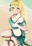  1girl absurdres bare_legs bare_shoulders barefoot beach bikini blonde_hair blush breasts cleavage commentary_request fire_emblem fire_emblem:_three_houses fire_emblem_heroes green_bikini green_eyes green_ribbon green_shorts hair_ribbon highres ingrid_brandl_galatea large_breasts long_hair looking_at_viewer navel off-shoulder_bikini off_shoulder official_alternate_costume ribbon seiza short_shorts short_sleeves shorts sitting solo stomach swimsuit tara_(szzj7733) thighs very_long_hair 