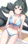  1girl arm_support ban_(puka_0507) bare_shoulders bikini blue_bikini blush breasts brown_eyes cleavage collarbone dot_nose front-tie_bikini_top front-tie_top green_hair highres idolmaster idolmaster_cinderella_girls idolmaster_cinderella_girls_starlight_stage inflatable_dolphin inflatable_toy long_hair looking_at_viewer medium_breasts navel ohishi_izumi open_mouth ponytail side-tie_bikini_bottom sitting smile solo swimsuit 