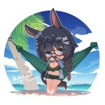  1girl animal_ears barefoot bikini black_hair blue_eyes blue_jacket blush book braid breasts cleavage commission full_body glasses green_bikini highres holding holding_book horse_ears horse_girl horse_tail jacket large_breasts long_hair navel open_clothes open_jacket signature skeb_commission solo swimsuit tail umamusume warashi zenno_rob_roy_(umamusume) 