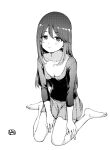  1girl barefoot breasts cleavage collarbone full_body greyscale hamao highres light_smile long_hair looking_at_viewer monochrome original shirt sitting skirt small_breasts solo wariza 