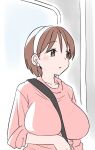 1girl alternate_costume between_breasts breasts brown_eyes brown_hair hairband kantai_collection large_breasts natori_(kancolle) pink_sweater short_hair solo strap_between_breasts sweater tamu_(mad_works) upper_body window 